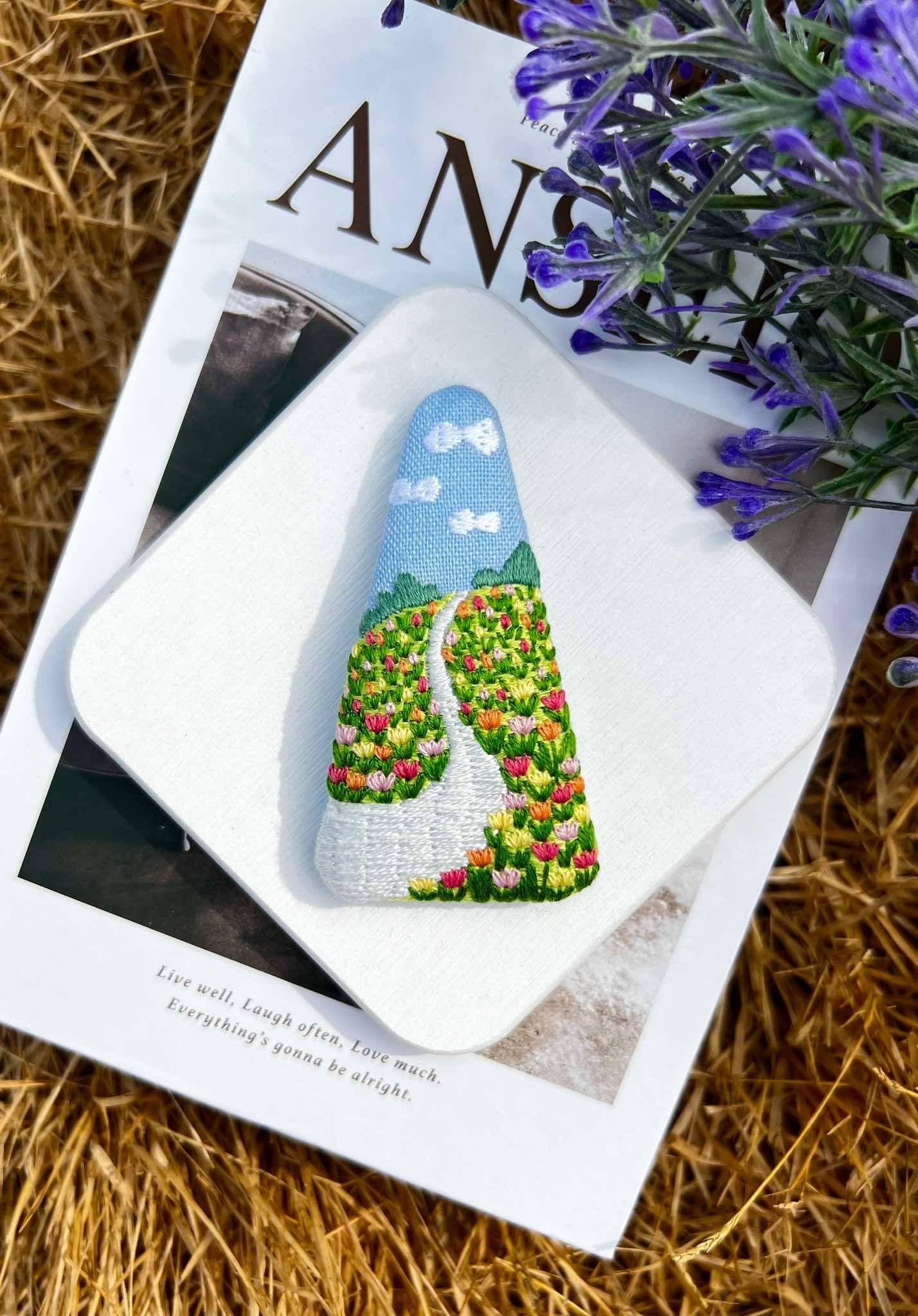 Mountain and Tulips Embroidered Hair Clip