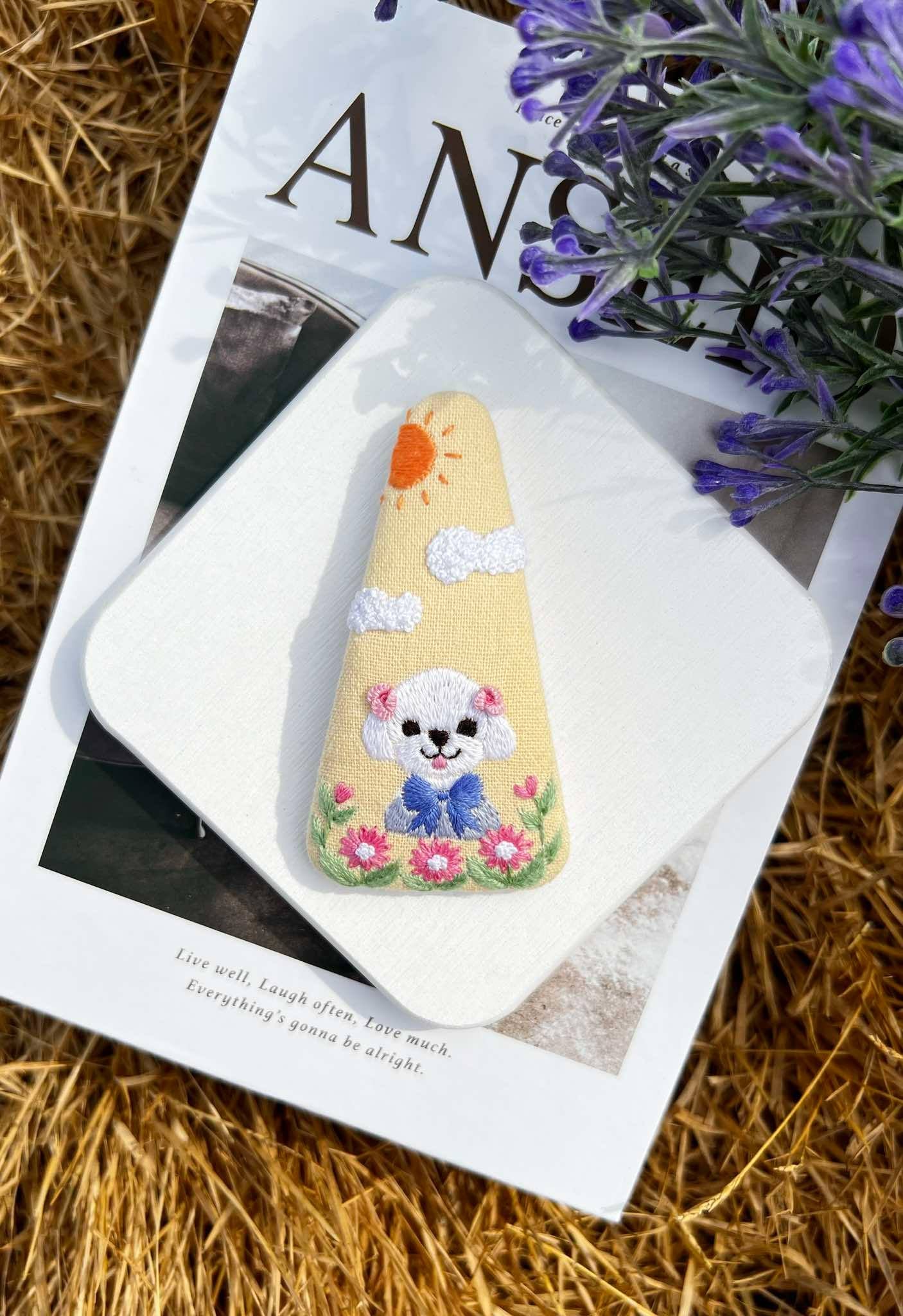 Puppy with Bow Tie Embroidered Hair Clip