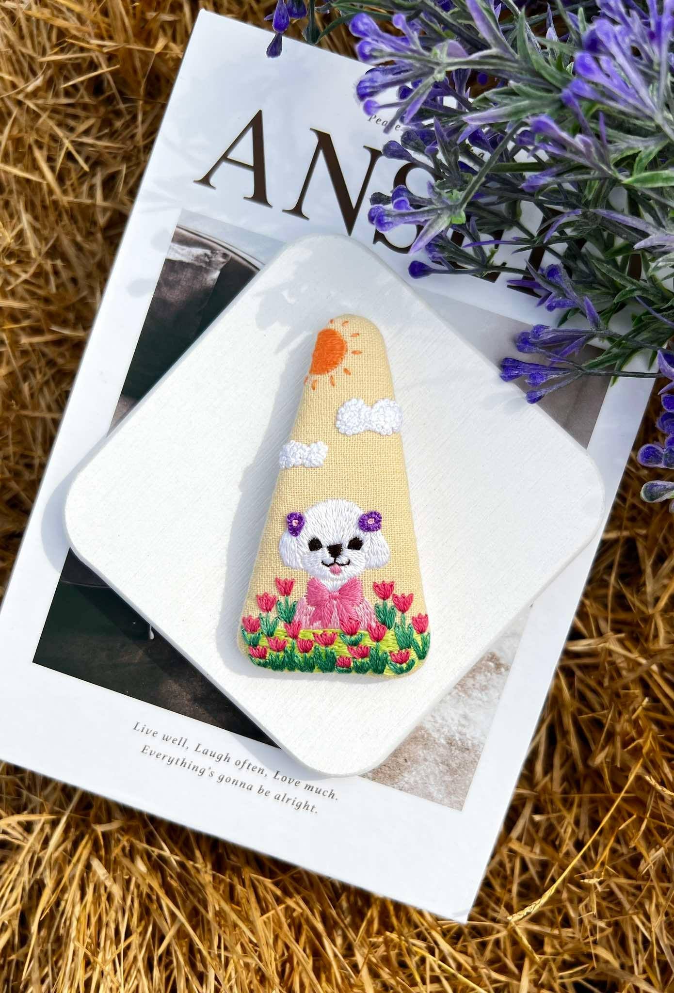 Puppy with Bow Tie Embroidered Hair Clip