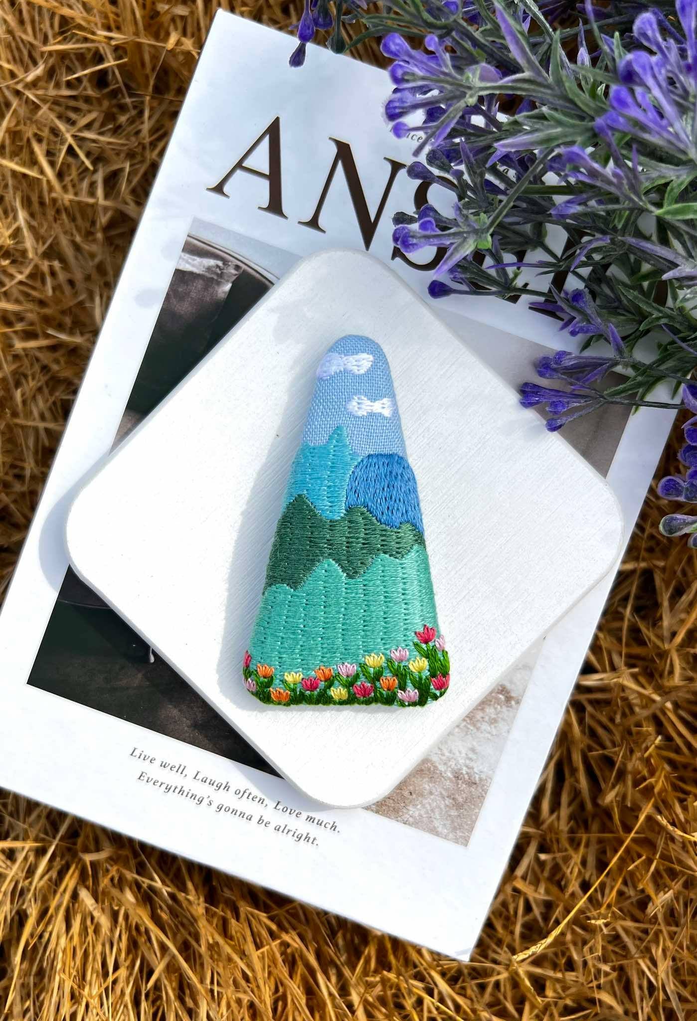 Mountain and Tulips Embroidered Hair Clip