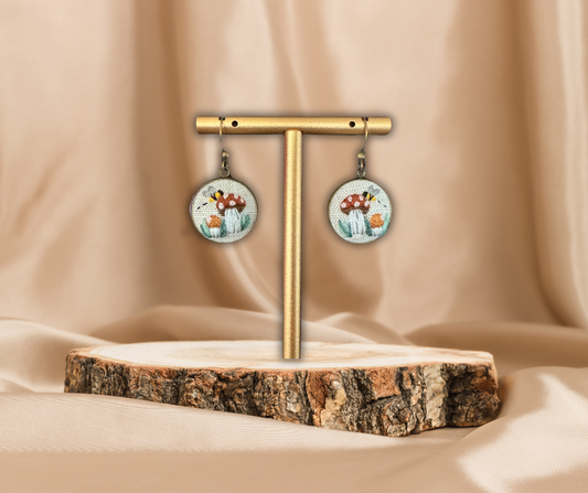 Brown Mushrooms and Bee Embroidered Earring