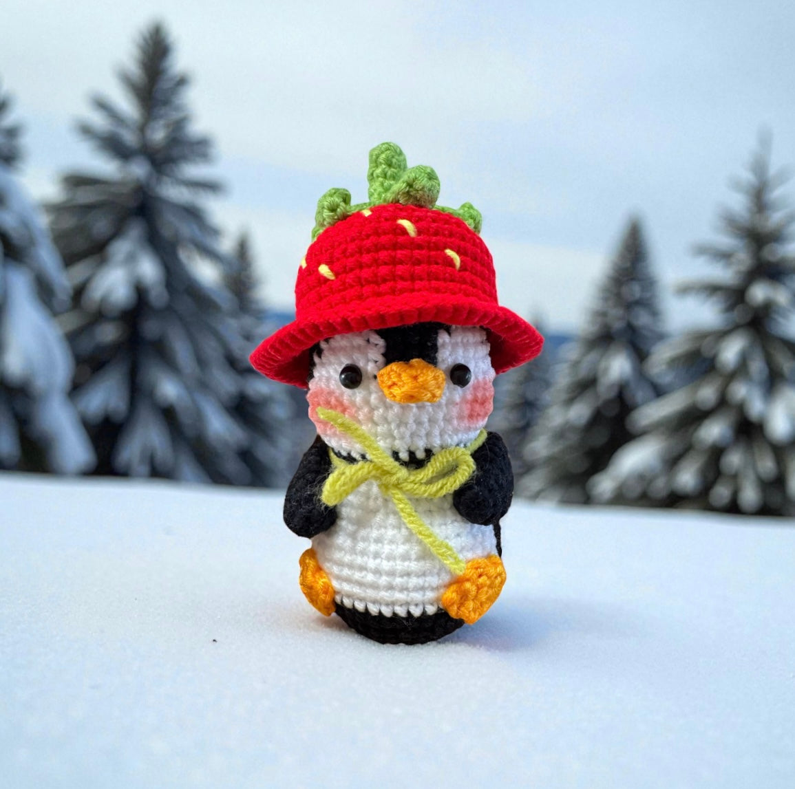Penguin with Strawberry Hat Crochet Keychain