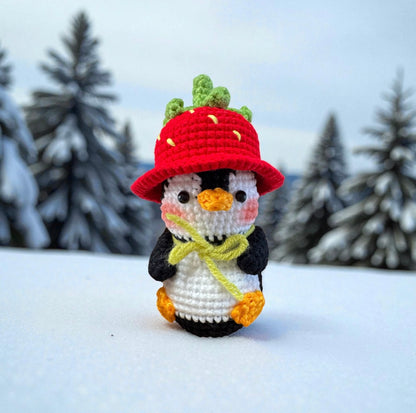 Penguin with Strawberry Hat Crochet Keychain