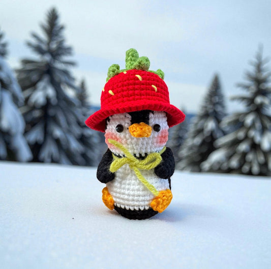 Penguin with Strawberry Hat Crochet Keychain