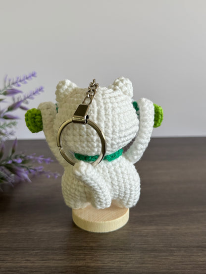 White Cat with Green Fishes Keychain