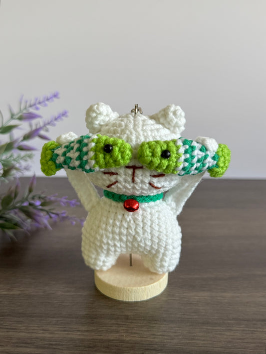 White Cat with Green Fishes Keychain