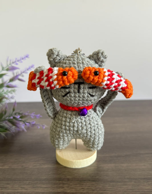 Gray Cat with Orange Fishes Keychain