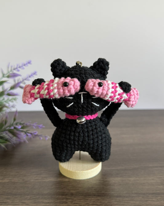Black Cat with Pink Fishes Kaychain