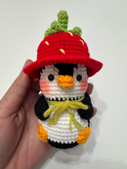 Penguin with Strawberry Hat Crochet Keychain