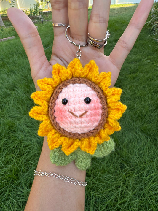 Smiley Face Sunflower Crochet Keychain