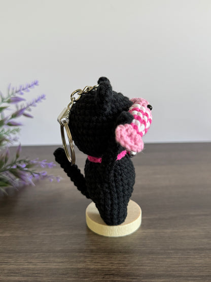 Black Cat with Pink Fishes Kaychain