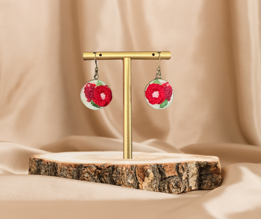 Red Rose Embroidered Earrings