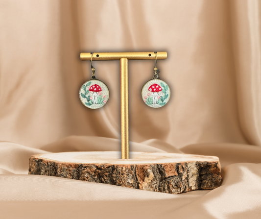 Red Mushroom with Tiny Flowers Embroidered  Earrings